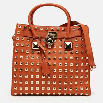 Pre-owned Michael Michael Kors Orange Saffiano Leather Large Studded Hamilton Tote