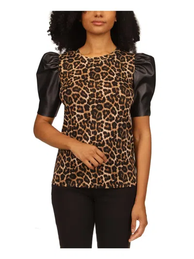 Michael Michael Kors Petites Womens Faux Leather Animal Print Pullover Top In Brown