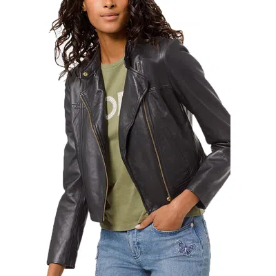Michael Michael Kors Petites Womens Moto Polyester Leather Jacket In Black