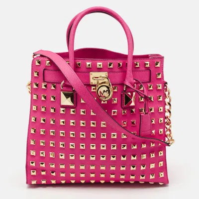 Pre-owned Michael Michael Kors Pink Leather Large Studded North South Hamilton Tote