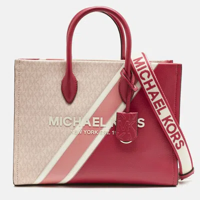 Pre-owned Michael Michael Kors Pink Signature Coated Canvas And Leather Medium Mirella Ew Tote