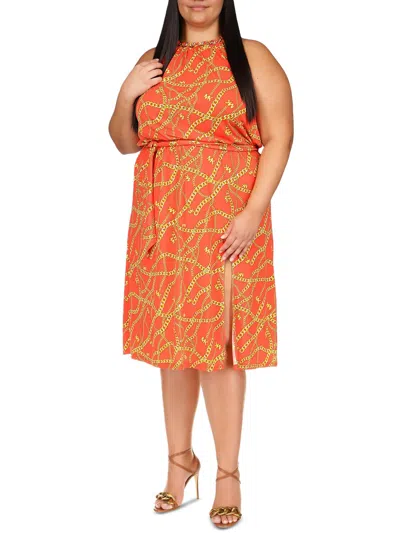 Michael Michael Kors Plus Womens Chain Neck Tea Length Midi Dress In Orange