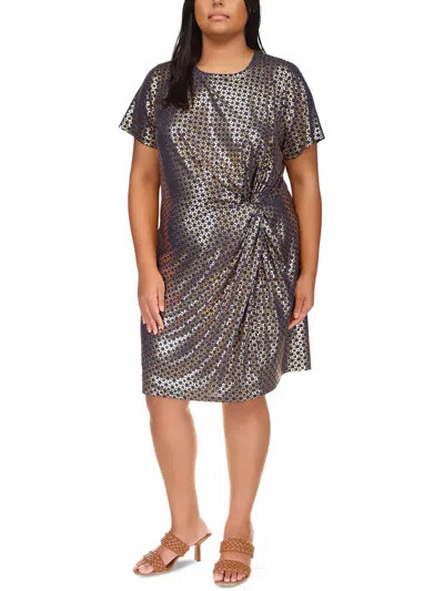 Michael Michael Kors Plus Womens Metallic Foil Print Sheath Dress In Blue