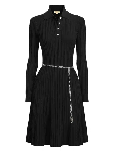 Michael Michael Kors Black Dress With Polo Shirt Style Collar And Front Chain Belt In Viscose Blend Woman