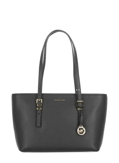 Michael Michael Kors Quinn Black Medium Tote Bag With Removable Logo Charm And Embossed Logo Lettering On The Front In Gr