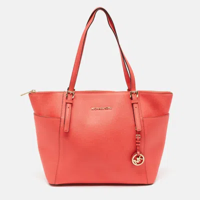 Pre-owned Michael Michael Kors Red Saffiano Leather Large Top Zip Jet Set Tote