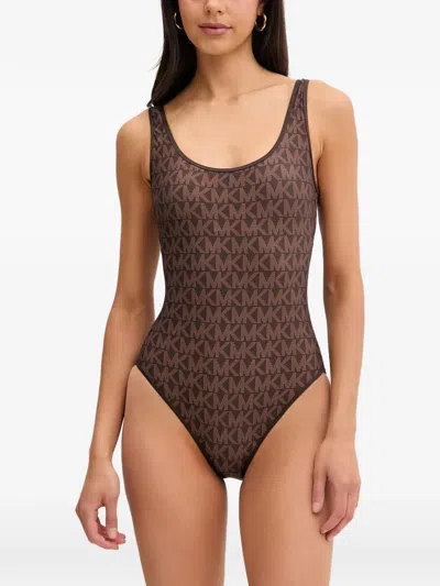 Michael Michael Kors Reversible Logo Scoopneck Swimsuit In Brown