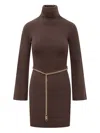 Michael Michael Kors Ribbed Turtleneck Chain-belt Mini Dress In Brown
