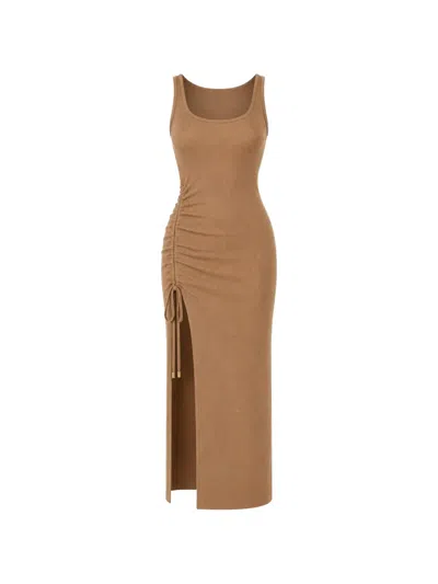 Michael Michael Kors Ribbed-knit Ruched-detail Dress In Brown