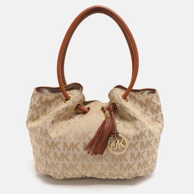 Pre-owned Michael Michael Kors Ring Beige/brown Signature Canvas And Leather Ew Tote In Sand