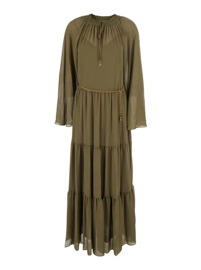 Michael Michael Kors Ruched Long Sleeve Long Dress With Bow Neckline And Chain Waist Detail In Green