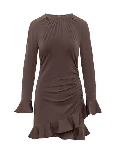 Michael Michael Kors Ruffled Ruched Mini Dress With Draped Detail In Brown