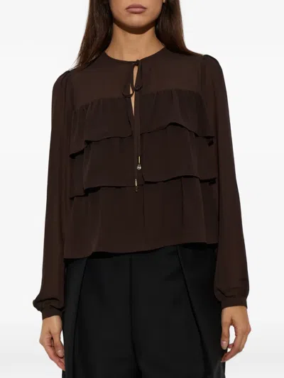 Michael Michael Kors Ruffled Tie-neck Blouse In Brown