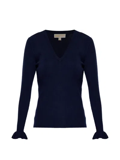 Michael Michael Kors Ruffled V-neck Sweater In Blue