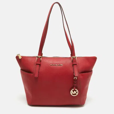 Michael Michael Kors Saffiano Leather Jet Set Top Zip Tote In Red