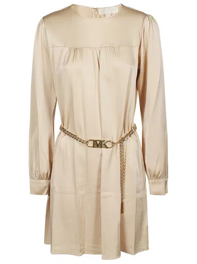 Michael Michael Kors Satin Belted Mini Dress In Beige