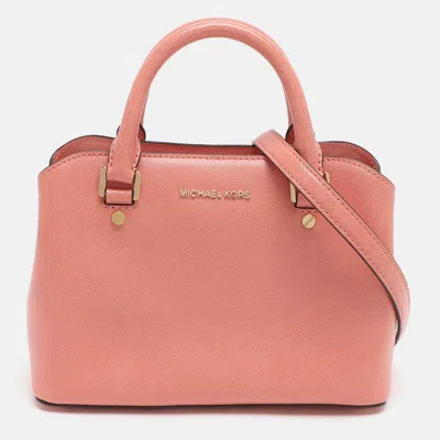Pre-owned Michael Michael Kors Savannah Small Peach Saffiano Leather Satchel In Pink