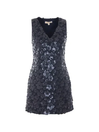 Michael Michael Kors Sequin-embellished Floral-appliqué Dress In Blue