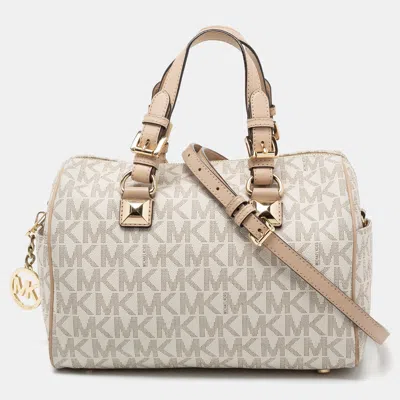 Michael Michael Kors Signature Coated Canvas And Leather Grayson Boston Bag In White