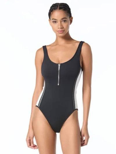 Michael Michael Kors Signature Scuba Zip Front One-piece Swimsuit In Black
