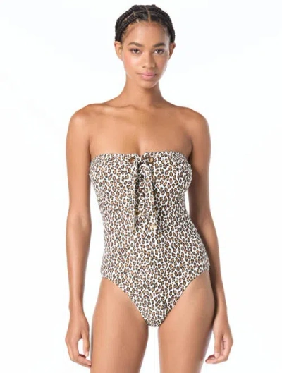 Michael Michael Kors Small Leopard Bandeau Lace Up One-piece Swimsuit In Multi