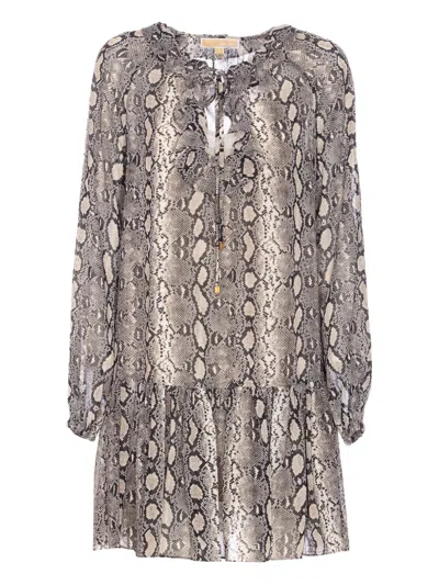 Michael Michael Kors Snake-print Ruffled Dress In Gray