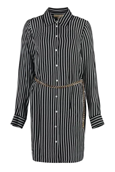 MICHAEL MICHAEL KORS STRIPED BELTED SHIRTDRESS WITH CHAIN BELT AND ROUNDED HEM