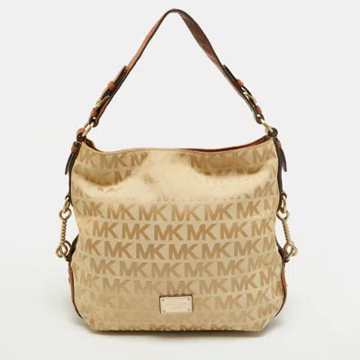 Pre-owned Michael Michael Kors Studded Beige/brown Signature Canvas And Leather Hobo In Sand