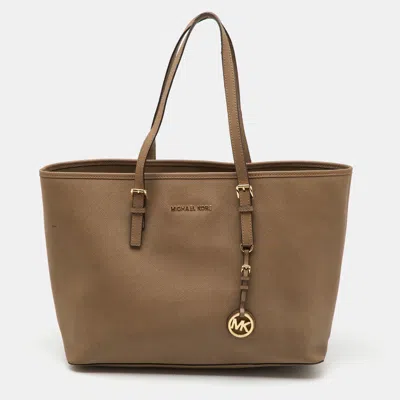Pre-owned Michael Michael Kors Taupe Beige Saffiano Leather Large Jet Set Tote