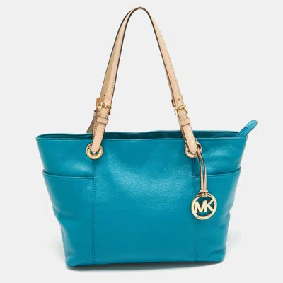 Pre-owned Michael Michael Kors Teal Blue/beige Leather Jet Set Tote