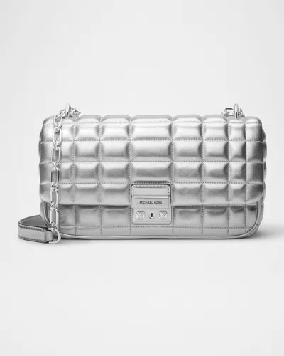 Michael Michael Kors Tribeca Large Convertible Metallic Quilted Shoulder Bag In Silver