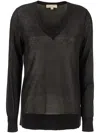 Michael Michael Kors Black T-shirt With V Neck And Ribbed Trims In Cotton And Silk Blend Woman In Schwarz