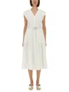 Michael Michael Kors White Sleeveless Long Dress With V Neck And Adjustable Belt In Cotton Stretch Woman