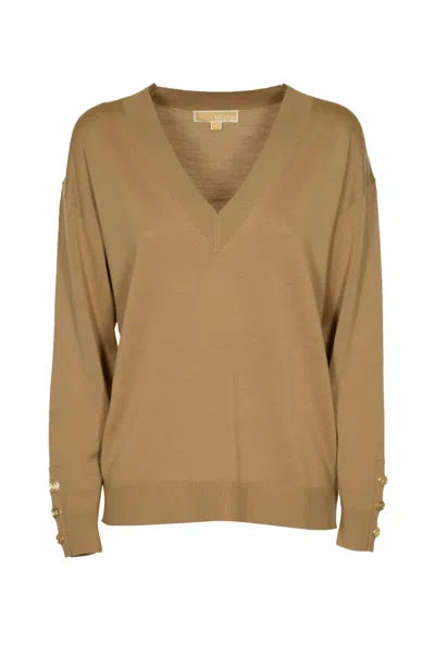 Michael Michael Kors V-neck Rib Trim Sweater In Brown