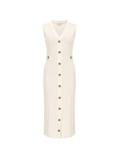 Michael Michael Kors V-neck Elastic-knit Button-down Midi Dress In Neutrals
