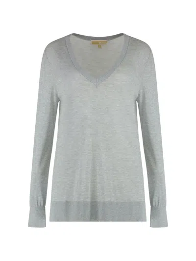 Michael Michael Kors V Neck Knit Sweater Long Sleeves In Gray