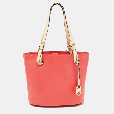 Pre-owned Michael Michael Kors Watermelon Leather Medium Jet Set Tote In Red