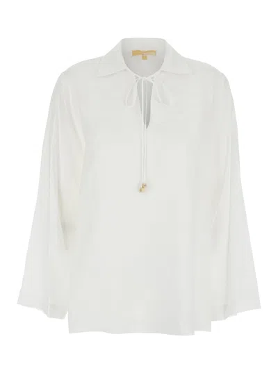 Michael Michael Kors White Blouse With V Neck And Charm With Logo Detail On The Front In Ramie Woman