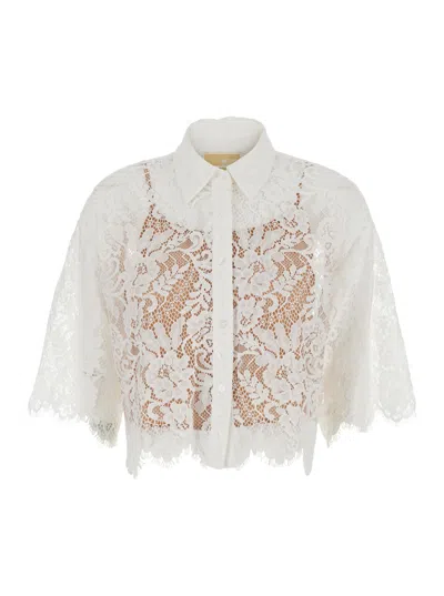 Michael Michael Kors White Shirt With Classic Collar And Lace Design In Cotton Blend Woman