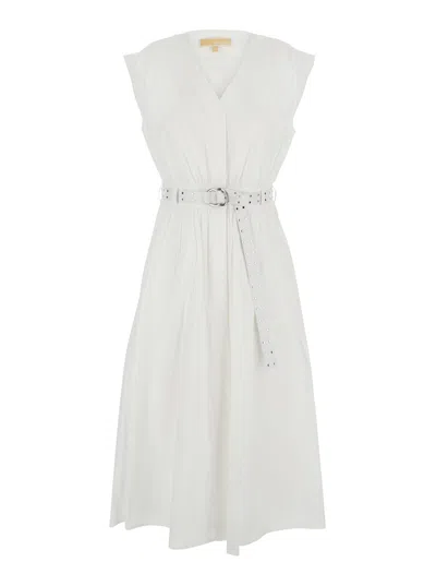 MICHAEL MICHAEL KORS WHITE SLEEVELESS LONG DRESS WITH V NECK AND ADJUSTABLE BELT IN COTTON STRETCH WOMAN