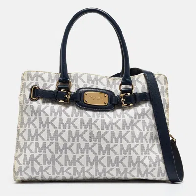 Pre-owned Michael Michael Kors White/blue Signature Coated Canvas East West Hamilton Tote