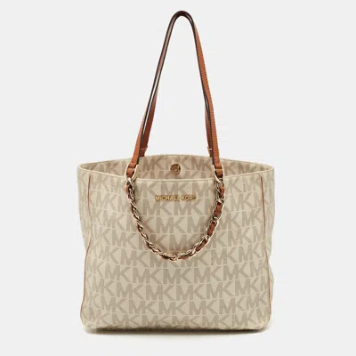 Pre-owned Michael Michael Kors White/brown Signature Coated Canvas And Leather Shopper Tote