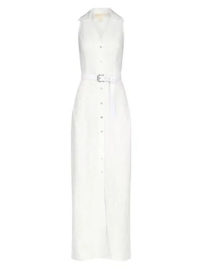 Michael Michael Kors Women's Belted Linen Maxi Dress In White