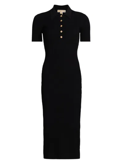Michael Michael Kors Women's Core Polo Rib-knit Midi-dress In Black