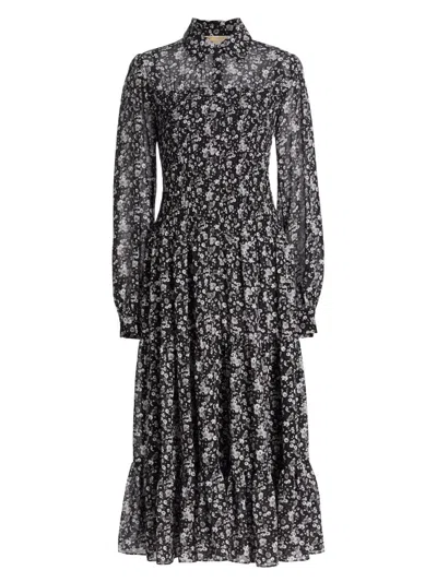 Michael Michael Kors Women's Floral Smocked Midi-shirtdress In Gray