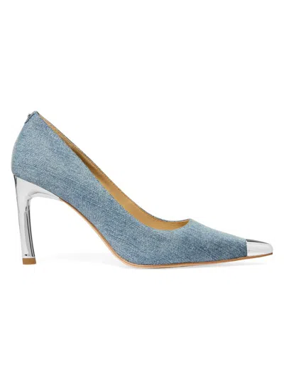 Michael Michael Kors Women's Kasia 90mm Metallic Cap-toe Denim Pumps In Blue
