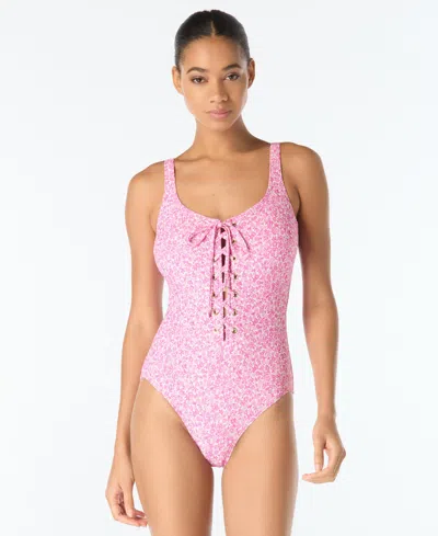 Michael Michael Kors Women's Lace Front Printed One-piece Swimsuit In Pink