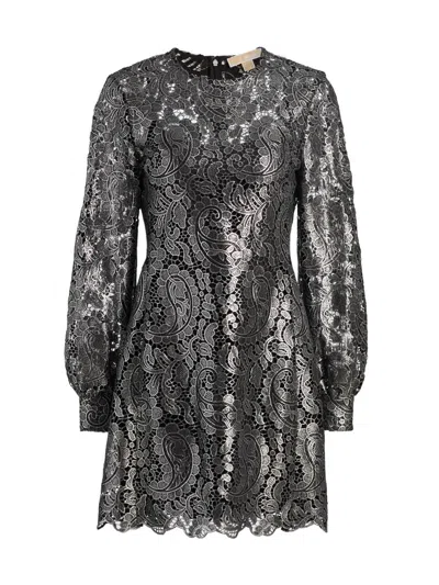 Michael Michael Kors Women's Metallic Lace Long-sleeve Minidress In Gray