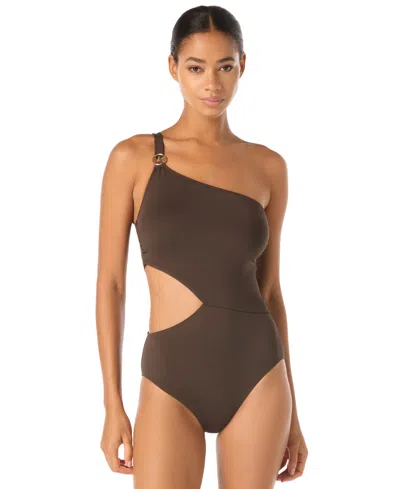 Michael Michael Kors Women's One-shoulder Cutout One-piece Swimsuit In Brown