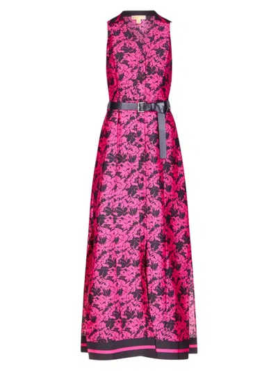 Michael Michael Kors Women's Palm Belted Floral Satin Maxi Dress In Cerise